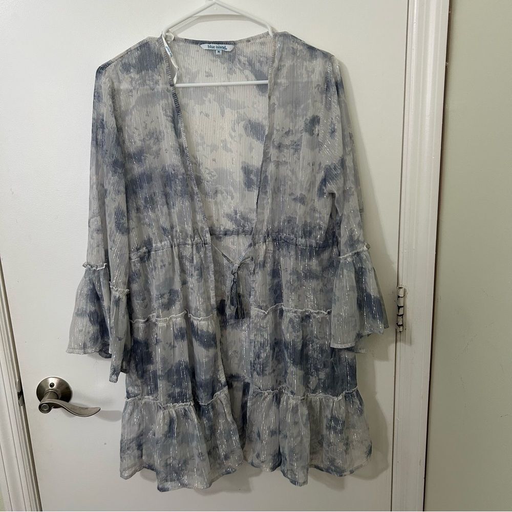 Blue Island | Blue and Gray Sheer Swim Cover-Up Kimono Cardigan | size M